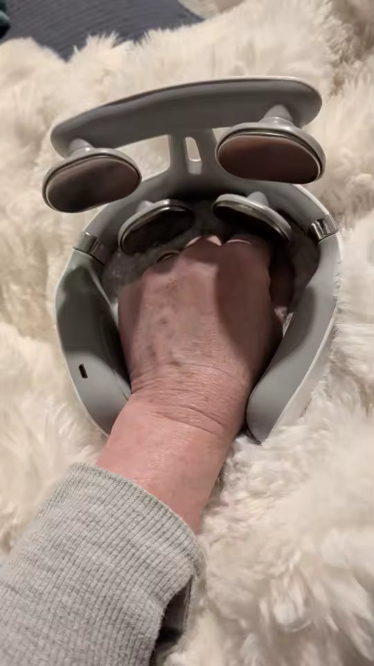 I think that this is a really good item. I have chronic migraines and this does not cure them, but it does make my neck relax a little. Maybe it will help long term. This will not fit a person with a large neck. You can see the size of the opening with my fist for scale. It bends a couple of inches but it will not be comfortable if it is too tight. I need to figure out how to reduce the heat. It gets a bit too hot for me.
